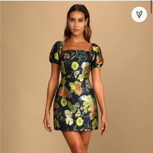 Lulus so stunning navy blue floral jacquard puff sleeve mini dress